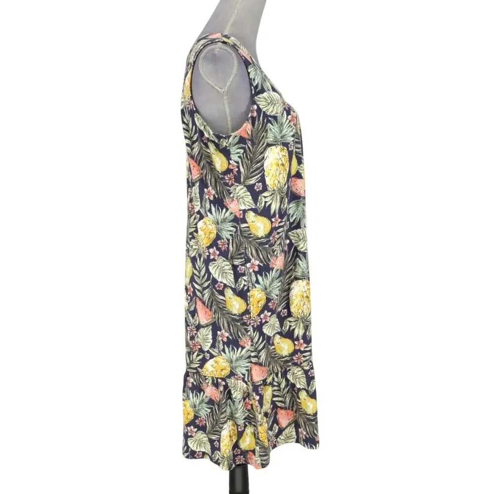 J Jill Dress Womens Small Green Pink Floral Stretch Knit Flounced Hem Pullover